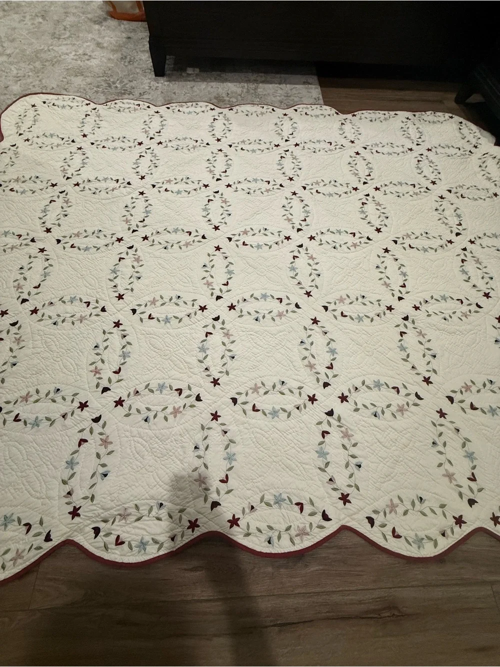 Handcrafted Quality White Quilted Bedspread with Multicolor Floral Appliqué